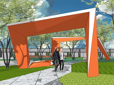 Modern Garden Landscape With Orange Geometric Structures Green Lawns And Pathway 3d model