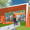 Modern Garden Landscape With Orange Geometric Structures Green Lawns And Pathway