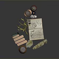Daily Life Items With Books Jars Open Notebook Feather And Small Plant