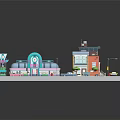 Cartoon Street Scene With Colorful Buildings Cars Street Lamps Trees And Shop Signs