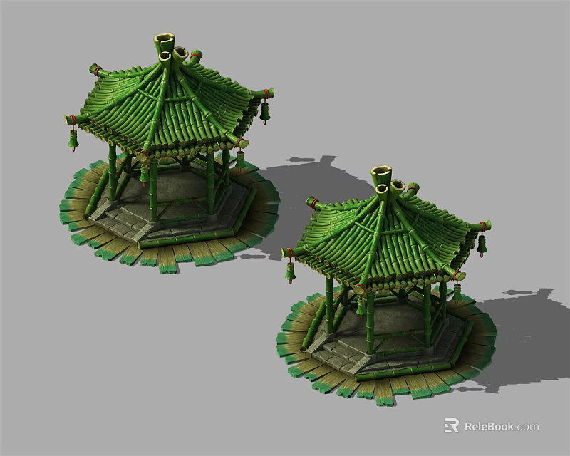 Chinese Pavilions with Green Roofs Hexagonal Structure Decorative Hangings and Ornate Pedestals 3d model 