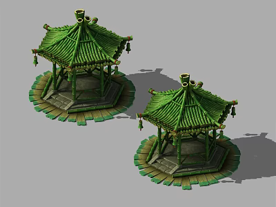 Chinese Pavilions with Green Roofs Hexagonal Structure Decorative Hangings and Ornate Pedestals 3d model