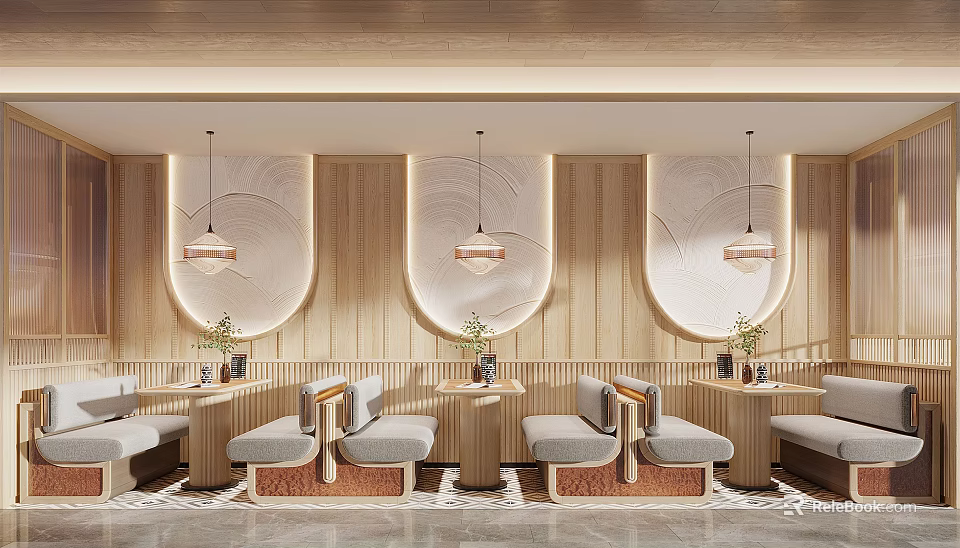 Warm Wooden Restaurant Interior With Circular Wall Decor Pendant Lights And Booth Seats 3d model 