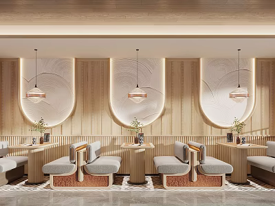 Warm Wooden Restaurant Interior With Circular Wall Decor Pendant Lights And Booth Seats 3d model