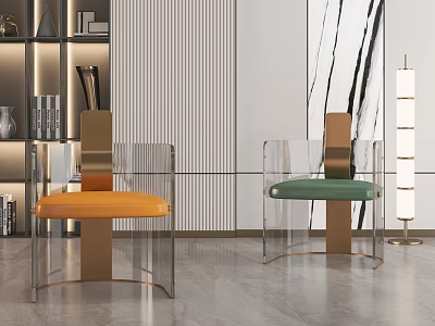 Modern Leisure Chairs With Transparent Acrylic Frame And Orange Green Cushions In Contemporary Interior 3d model