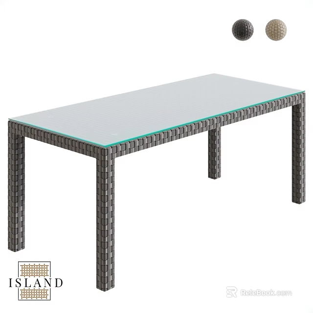 Rectangular Dining Table with Glass Top and Woven Rattan Frame Design 3d model 