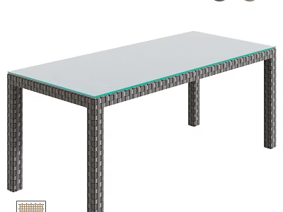 Rectangular Dining Table with Glass Top and Woven Rattan Frame Design 3d model