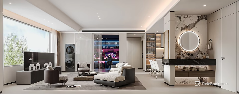Modern Living Dining Room Interior Design With Open Concept Sofa Coffee Table And Dining Chairs 3d model 