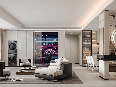 Modern Living Dining Room Interior Design With Open Concept Sofa Coffee Table And Dining Chairs 3d model