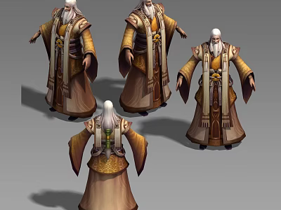 Elderly Man in Traditional Ornate Robe With White Hair Long Beard and Multiple Angles View 3d model