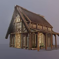 Cartoon Style Wooden Cottage With Tiled Roof And Wooden Awnings Windows And Potted Plants