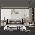 Modern Chinese Bedroom Interior With Landscape Mural Bed Nightstands Rug And Pendant Light
