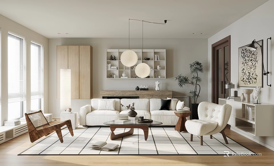 Modern Living Room Interior With White Sofa Wooden Coffee Table Area Rug And Pendant Lights 3d model 