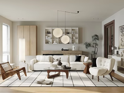 Modern Living Room Interior With White Sofa Wooden Coffee Table Area Rug And Pendant Lights 3d model