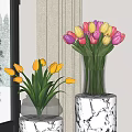 Yellow and Pink Tulips in Glass Vases on Marble Pedestals by Window with Snowy Trees