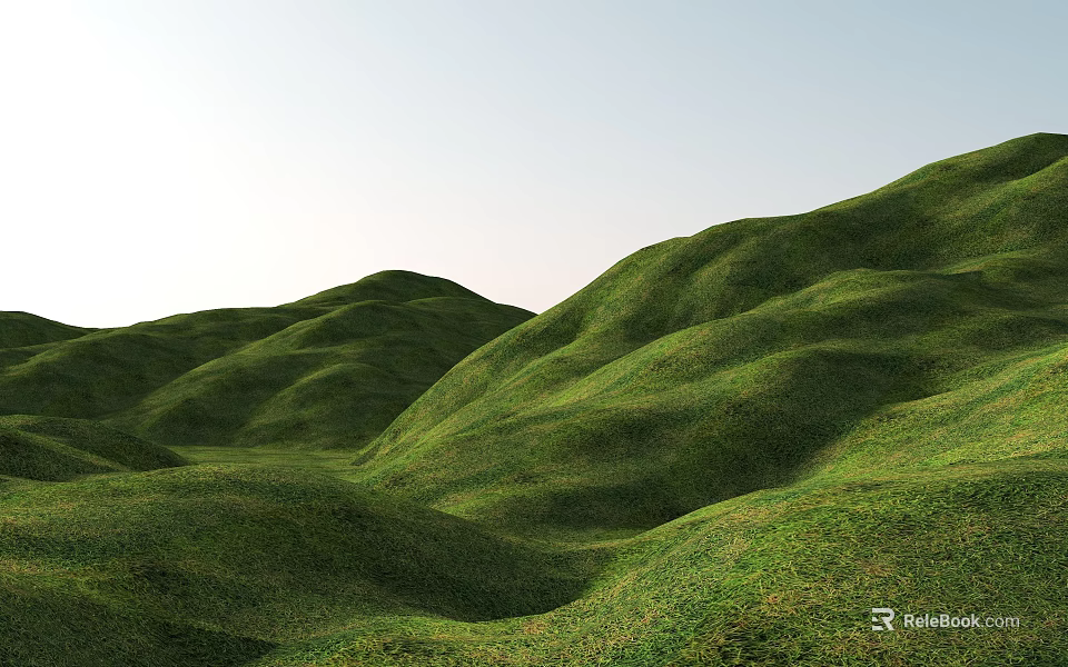 Park Landscape With Green Rolling Hills And Lush Grass Under Clear Sky 3d model 