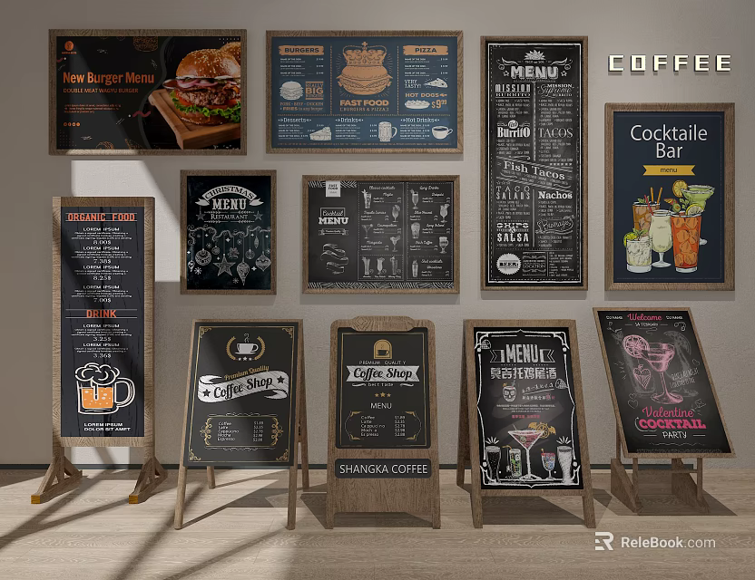 Various Vintage Chalkboard Billboards With Menu Coffee Cocktail Burger 3d model 