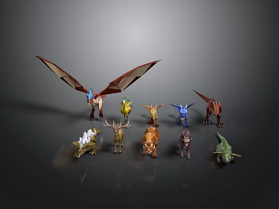 Colorful Character Creature Models With Different Types Of Winged Dinosaurs And Deer Figures 3d model