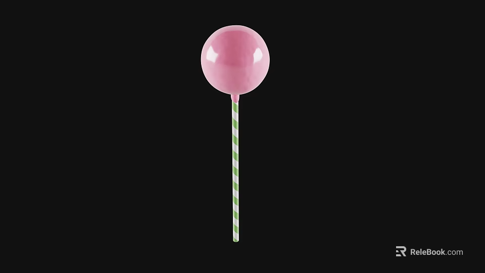 Sweet Pink Lollipop with Green Striped Stick on Black Background 3d model 