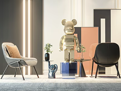 Two Modern Accent Chairs in Stylish Interior with Gold Sculpture Green Plants and Side Tables 3d model