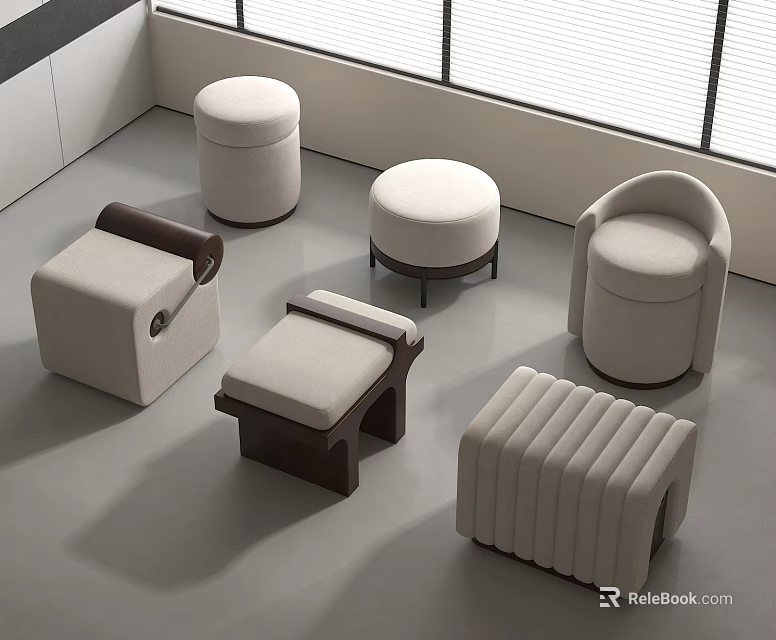 Modern Stylish Stools With Various Designs Upholstered Seats And Wooden Legs 3d model 