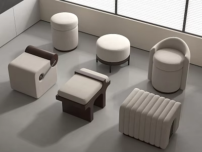 Modern Stylish Stools With Various Designs Upholstered Seats And Wooden Legs 3d model