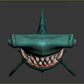 Green Spiked Shark with Open Mouth Exposed Teeth in Cartoon Style