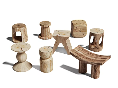 Various Handcrafted Wooden Stools Featuring Different Shapes And Natural Design 3d model