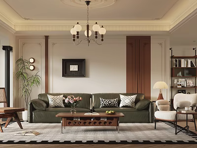 Charming Retro Living Room Interior With Comfortable Dark Green Leather Sofa And Warm Wooden Furnishings 3d model