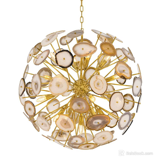Elegant Spherical Chandelier With Agate Slices And Gold Frame For Modern Interior Lighting 3d model 