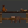 Wooden Table Setup With Red Vase Cookies Plate Beer Mug Poker Cards And Wooden Stool
