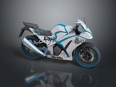 White and Blue Graffiti Design Sporty Motorcycle with Streamlined Body Black Seat Blue Wheels 3d model