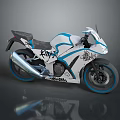 White and Blue Graffiti Design Sporty Motorcycle with Streamlined Body Black Seat Blue Wheels