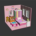 Pink Dollhouse Room Interior With Bed Wardrobe Desk Chair And Windows