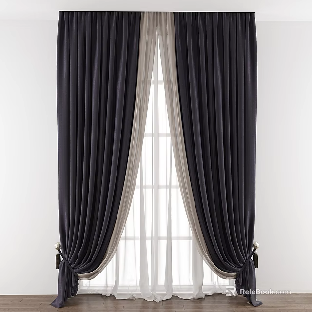 Dark Double Layer Curtains With White Sheer And Tiebacks For Home Window Decor 3d model 