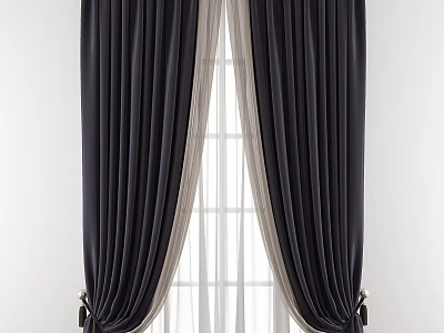Dark Double Layer Curtains With White Sheer And Tiebacks For Home Window Decor 3d model