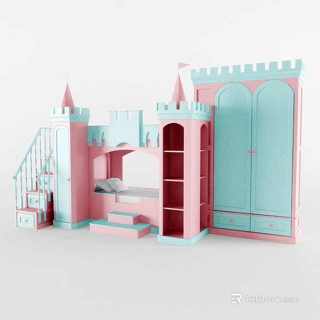 Castle Themed Bunk Bed in Pink and Light Blue with Staircase and Storage Cabinets 3d model 