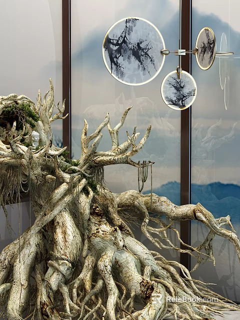 Natural Wood Roots With Moss And Stone Decor By Glass Wall And Distant Mountains 3d model 