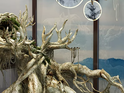 Natural Wood Roots With Moss And Stone Decor By Glass Wall And Distant Mountains 3d model