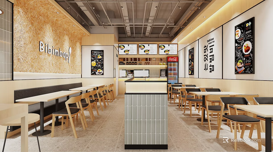 Modern Restaurant Interior With Wooden Walls Menu Posters Counter Dining Tables And Chairs 3d model 