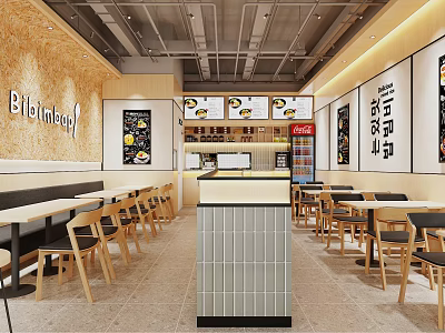 Modern Restaurant Interior With Wooden Walls Menu Posters Counter Dining Tables And Chairs 3d model