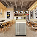 Modern Restaurant Interior With Wooden Walls Menu Posters Counter Dining Tables And Chairs