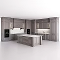Dark Gray Classical Kitchen Cabinets With Carved Details Glass Doors And Marble Island