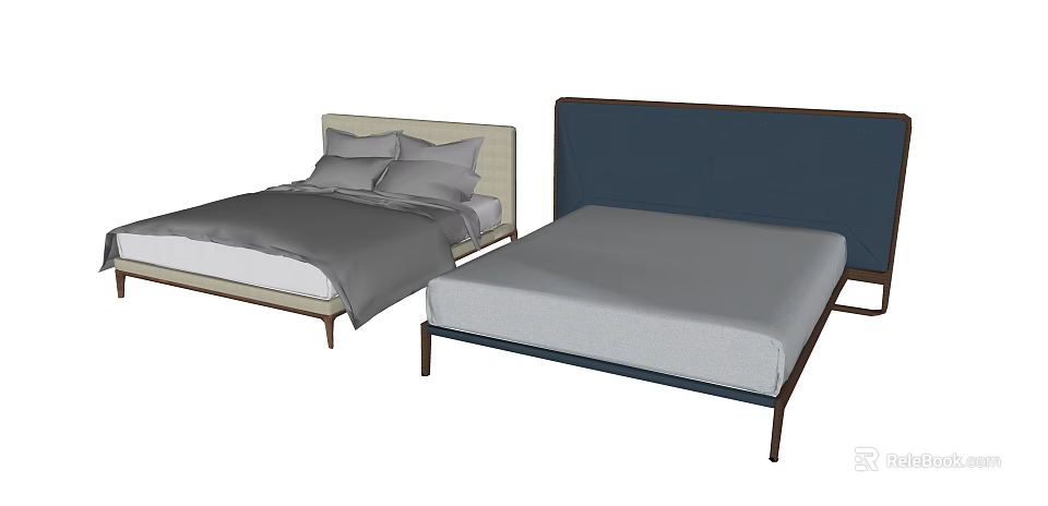 Two Modern Double Beds With Light And Blue Headboards And Gray Bedding 3d model