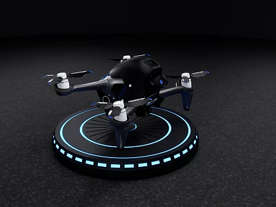 Modern Smart Drone on Circular Platform with Blue Halo Lighting 3d model