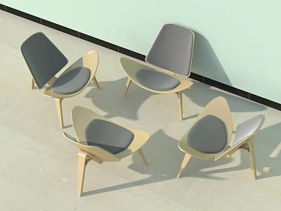 Modern Curved Back Leisure Chairs With Light Wooden Frame And Gray Cushioned Seats 3d model