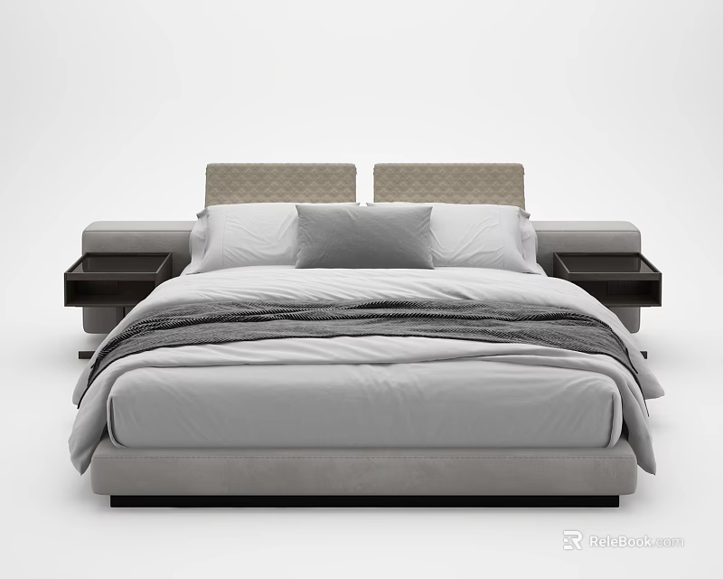 Modern Double Bed With Upholstered Headboard And Side Tables Gray Bedding 3d model