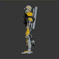 Yellow And Gray Robot Game Movie Character With Mechanical Armor Legs And Emblem