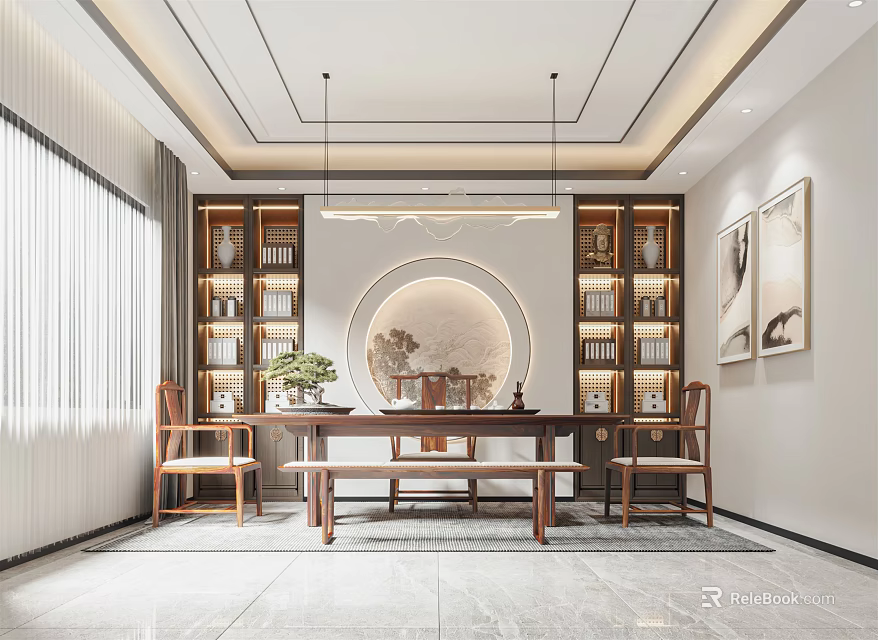 Traditional Chinese Tea Room Interior With Circular Moon Gate Wooden Table Bookcases And Natural Light 3d model 