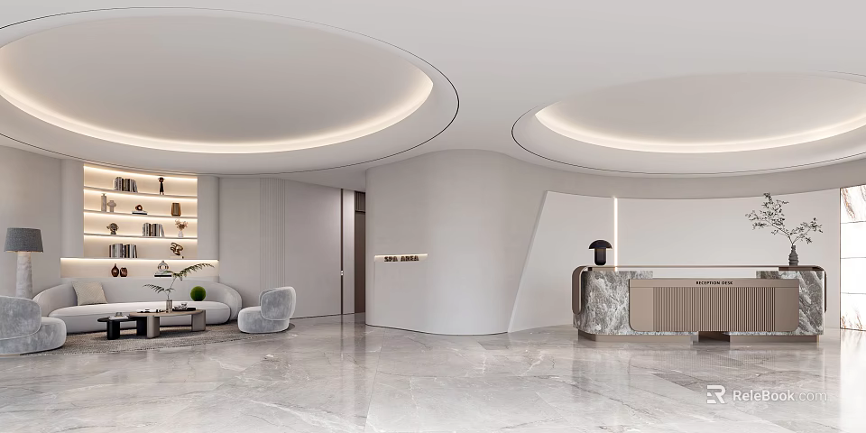 Modern Luxury Front Desk Reception Area With Marble Counter Sofa Circular Ceiling And Lighting Strips 3d model 
